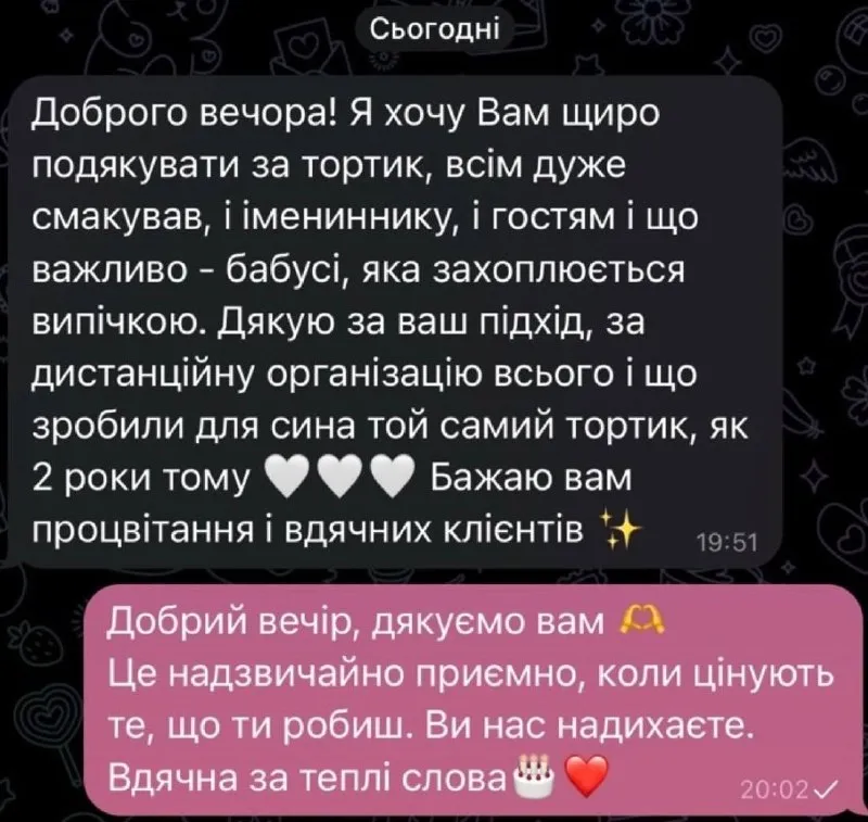 Відгук клієнтки: «Доброго вечора! Я хочу Вам щиро подякувати за тортик, всім дуже смакував, і імениннику, і гостям і що важливо - бабусі, яка захоплюється випічкою. Дякую за ваш підхід, за дистанційну організацію всього і що зробили для сина той самий тортик, як 2 роки тому. Бажаю вам процвітання і вдячних клієнтів»