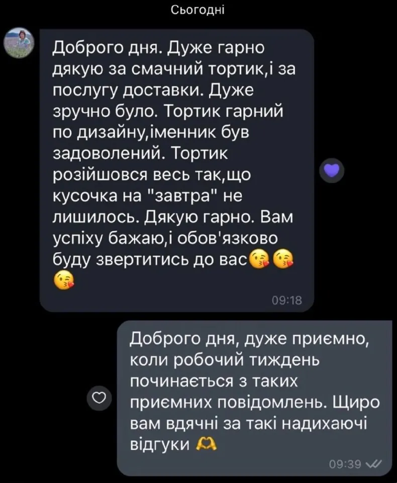 Відгук клієнтки: «Доброго дня. Дуже гарно дякую за смачний тортик,і за послугу доставки. Дуже зручно було. Тортик гарний по дизайну,іменник був задоволений. Тортик розійшовся весь так,що кусочка на "завтра" не лишилось. Дякую гарно. Вам успіху бажаю,і обов’язково буду звертитись до вас»